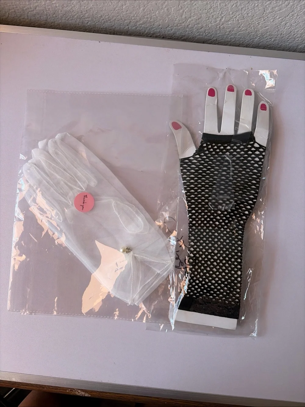 Women’s Sheer White Bridal Gloves and Black Fishnet Gloves Set